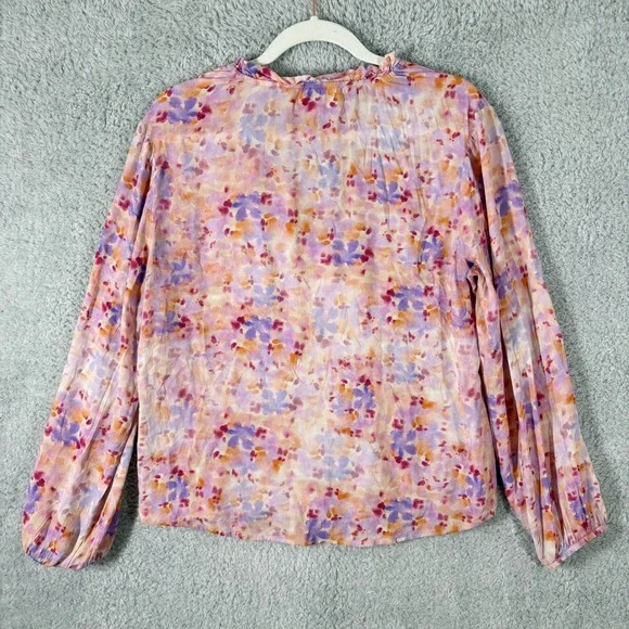Anthro Cloth & Stone Ruffle Neck Button Down Blouse Size M Pink Abstract Floral - Picture 5 of 8